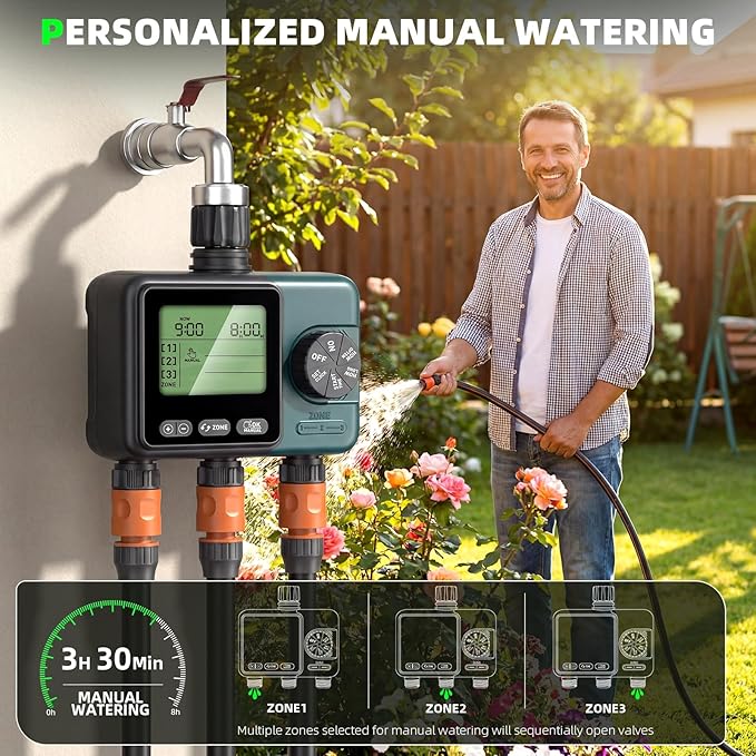 3 Zone Sprinkler Timer,3 Custom Watering Plans Hose Time, IP65 Waterproof, Rain Delay Manual & Automatic Watering with Large LCD for Yard Lawn Outdoor