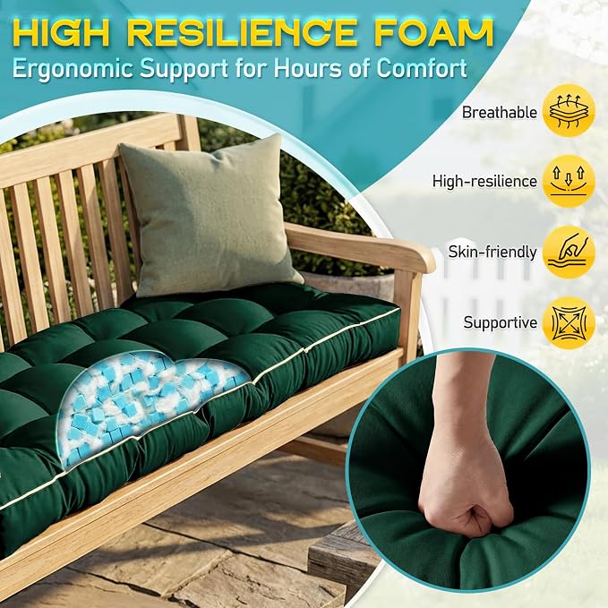 Outdoor Bench Cushion, Tufted Patio Seat Pad for Garden Bench, Porch Swing, Indoor/Outoor Furniture (Green, 42X16X4)