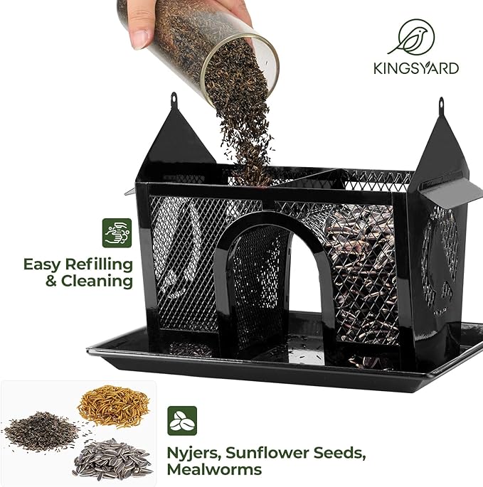 Kingsyard Bird Feeder for Outdoors Hanging, Dual-Use Metal Mesh Wild Bird Feeders with Seed Tray & Weatherproof Roof, 3 lbs Large Capacity, Black
