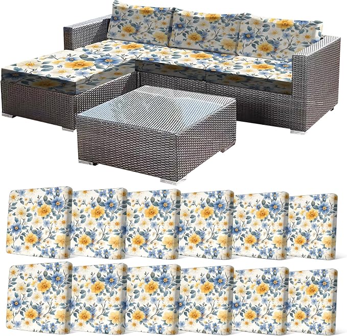 CALBODE 12 Pcs Stretch Outdoor Seat Cushion Covers, Washable Chair Seat Cover for Patio Furniture Cushions Soft Indoor and Outdoor Couch Cover Replacement (Spring Bloom, Cover Only)