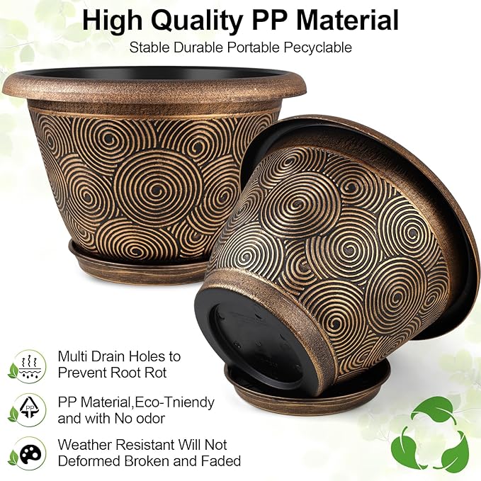 Fodetyff 8 Inch Flower Pots Planters for Indoor Outdoor Plants, 4 Pack Plastic Small Plant Pots with Drainage Hole & Tray, Modern Decorative Garden Pot with Saucer, Plant Container for House