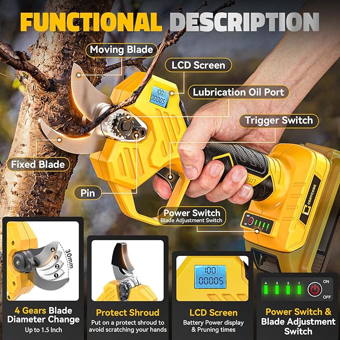 Cerycose Electric Pruning Shears Compatible with DeWalt 20v Battery, 0.8-2 Inch Max Cutting Diameter Electric Pruner with LCD Display & Imported SK7 Steel Blades for Gardening Tree Pruning(No Battery)