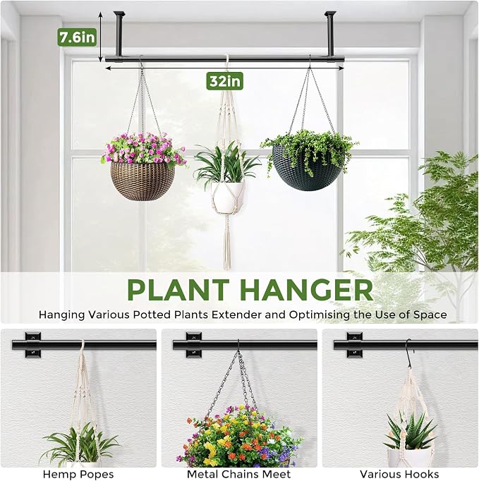 Window Plant Hanger for Indoor Plants, 32 Inch Hanging Plant Rod, 1 Inch Diameter Metal Rod, Hanging Plant Holder for Window Wall, Matte Black, Square Flange Base, Pots Not Included