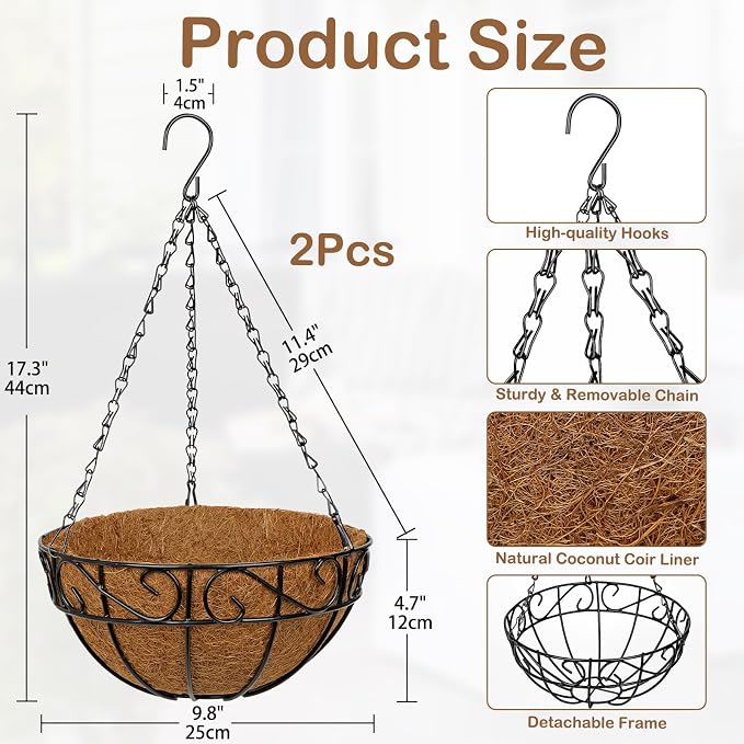 2 Pack 10 inch Metal Hanging Baskets for Plants, Round Metal Wire Hanging Basket Planter with Coco Fiber Liners Chain for Garden Home Porch Patio, Flower Border