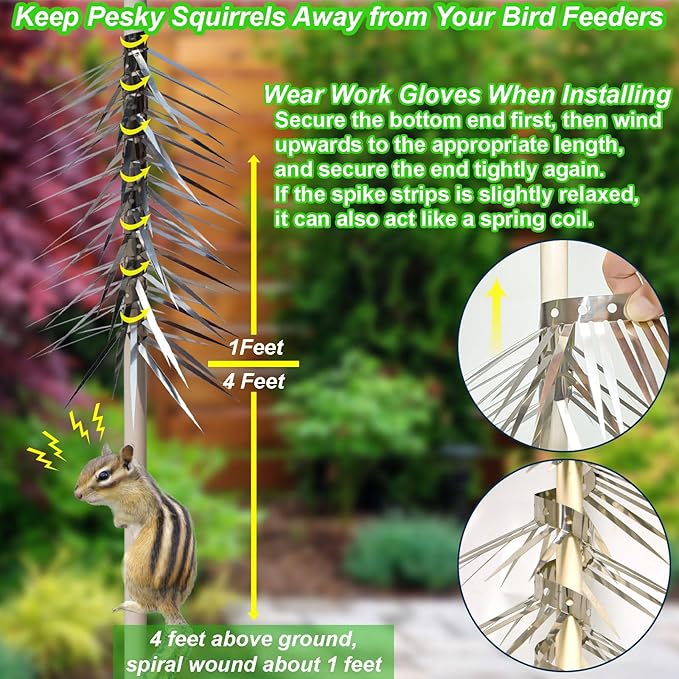 Bird Spikes, Squirrel Spikes and Squirrel Baffles Keep Raccoons, Cats and Snakes Away from Gardens, Fences and Climbing Bird Feeder Poles.(120 inches)