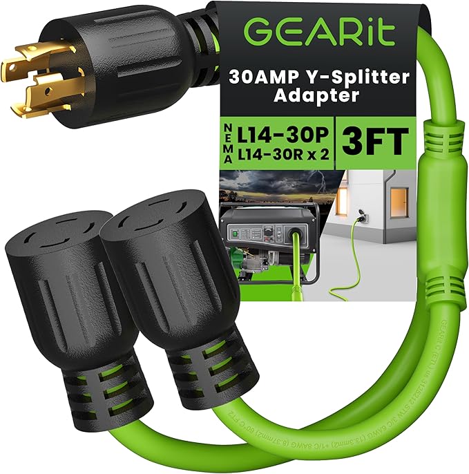 GEARit 30-Amp Generator Splitter Y Adapter Cord - NEMA L14-30P to (2) L14-30R, 4-Prong 120/250-Volt 7500W, 10 Gauge SJTW Locking Power Cord for Manual Transfer Switch, Portable Generators, Outages 3ft
