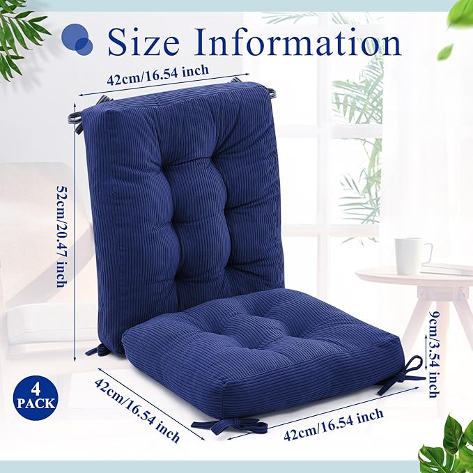 Juexica 4 Set Outdoor Patio Chair Cushions Corduroy Seat High Back Tufted Pillow Replacement Rocking Patio Chair Pads for Outdoor Indoor Home Office(Navy Blue)