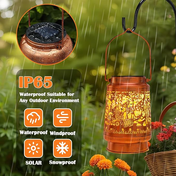 Gnomes Birthday Gifts for Women Mom Grandma, Solar Lanterns Outdoor Waterproof Garden Decor Hanging Lantern Lights, Metal LED Decorative Gardening Light for Patio Yard Lawn Porch