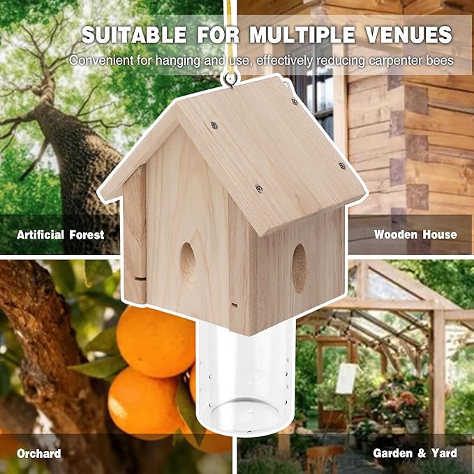 Best Bee Trap - Professional Carpenter Bee Trap for Outside - Cabin Style Nature Hanging Wood Trap for Outdoor with Removable Bee Vault (2 Pack)
