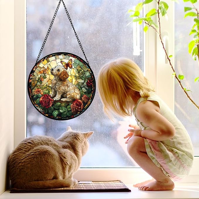 DASTOLL Stained Glass Window Hanging, Cute Dog and Flowers Suncatcher for Doors Home Butterfly Sun Catchers Decoration and Christmas, Mother's Day Birthday Gifts for Women, Men, and Mom 7.8 in
