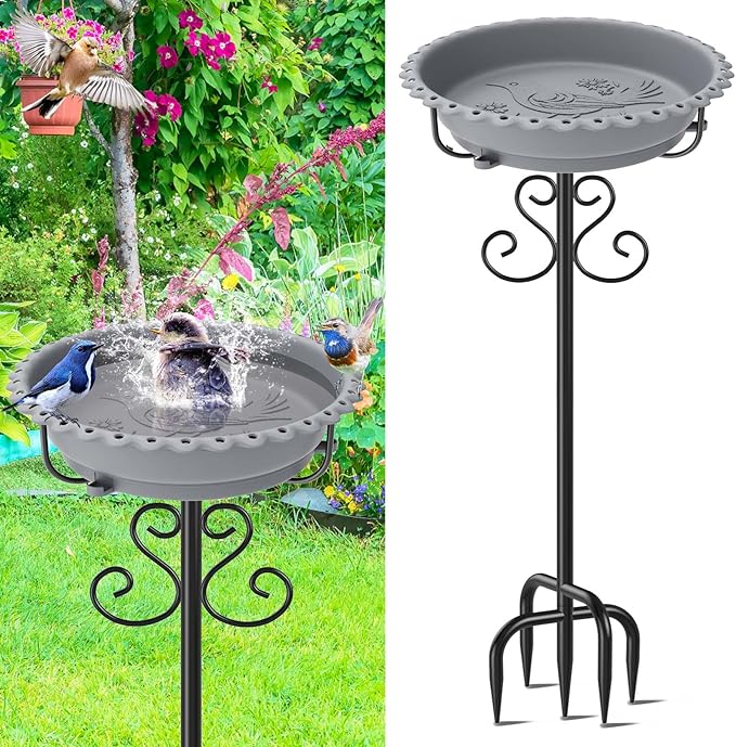 Bird Bath for Outside,Vintage Freestanding Birdbath & Birdfeeder, 40In Bird Baths Feeder with Detachable Plastic Bowl for Garden Patio Yard Lawn Decor, Upgraded 5-Pronged Base (Grey)