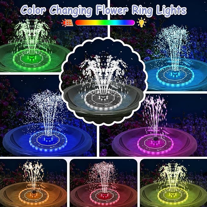 Yzert Solar Fountain Colorful Ring Lights, 2026 3.5W Solar Water Fountain with 2000mah Battery, Solar Fountain Pump for Bird Bath, Pond, Pool, Outdoor