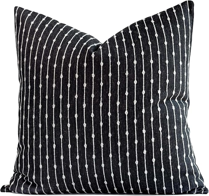 Crumbs Home Modern Farmhouse Fall Linen Indoor Outdoor Throw Pillow Cover Only, 22"x22" Water Repellent for Patio, Backyard, Couch, Black Neutral Embroidered Stripes