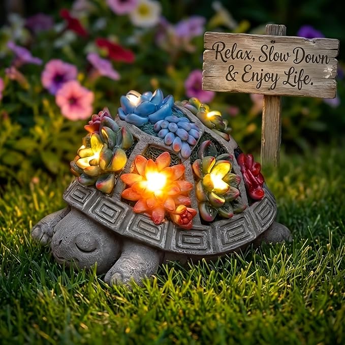 Solar Turtle Garden Outdoor Decor with Succulent & 7 LED Lights – Outside Tortoise Statue Decor for Yard Patio Balcony & Backyard - Home House Decoration Art- Gift for Women Mom & Grandma