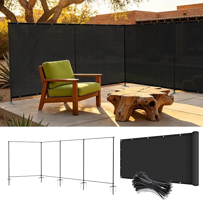 5' x 24' Outdoor Privacy Fence Freestanding Temporary Fencing with Iron Poles and Stakes, Metal Garden Fence for Garden Pool Backyard Patio Yard (Black)