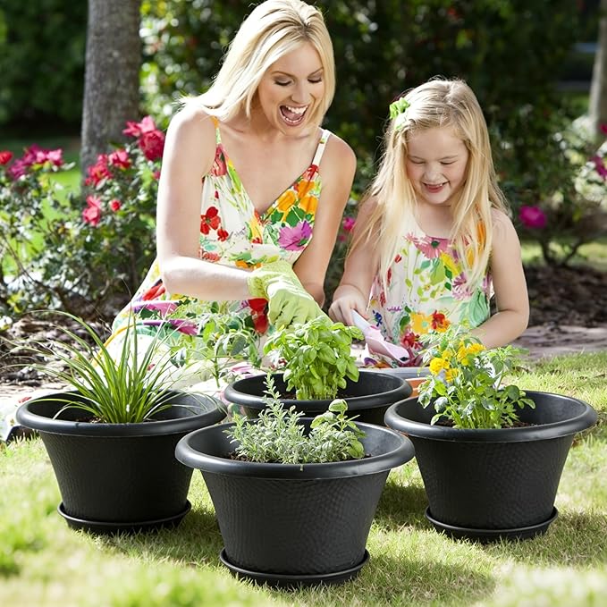 Quarut 12 Inch Pots for Plants,4 Pack Large Flower Pots with Drainage Hole & Saucer,Modern Planters for Indoor Outdoor Plants,Decorative Resin Garden Pots Black