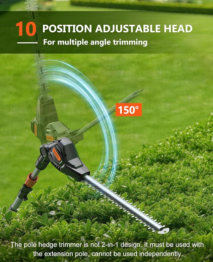 Pole Hedge Trimmer Cordless with 2 x 2000mah Batteries, 13.5 Ft Reach Electric Bush Trimmer for Yard and Garden, Hedge Trimmer with extension pole of 8.8Ft for Tall Hedge and Branches Pruning