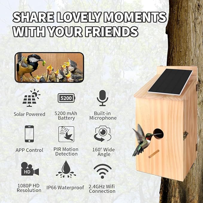 Smart Bird House with Camera Solar Powered, 1080p HD Wireless Outdoor Bird House with Auto Capture Bird Video & Motion Detection, Night Vision, A Bird Box for Wild Birds
