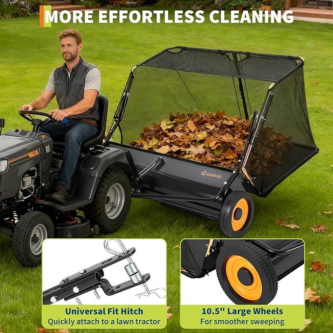 GarveeTech 44 Inch Lawn Sweeper Tow Behind, 26 cu. ft Large Hopper Grass Sweeper Tow Behind, Heavy Duty Leaf & Grass Collector, Adjustable Brush Height Lever and Dumping Rope, Pull Behind Sweeper Yard