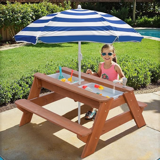 Kids 3-in-1 Sand & Water Table, Wood Outdoor Convertible Picnic Table w/Umbrella, 2 Trays, Removable Top with Faucet, Picnic Table for Outdoor Playset (Brown/Navy)