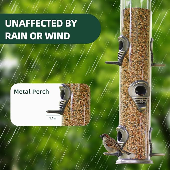 ERYTLLY Metal Bird Feeders 6 Port Tube Bird Feeder for Wild Birds, 1.4mm Extra Thick Solid Tube Transparent with Metal Lid for Outside