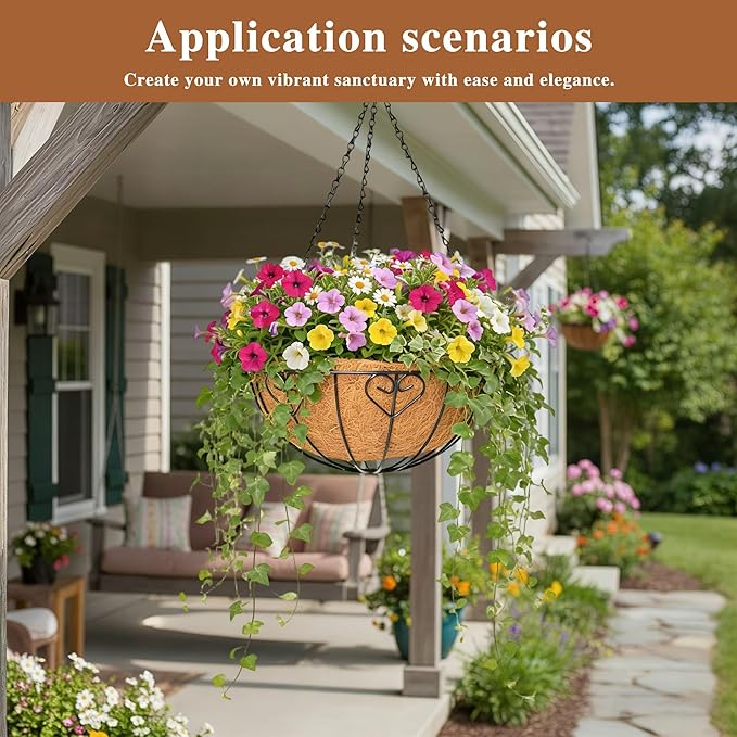 4 Pack Hanging Planter for Outdoor Plants 12 inch Metal Hanging Flower Basket with Coco Coir Liner Round Wire Plant Holder Chain Flower Pots Outdoor Garden Decoration Watering Hanging Baskets（AX）