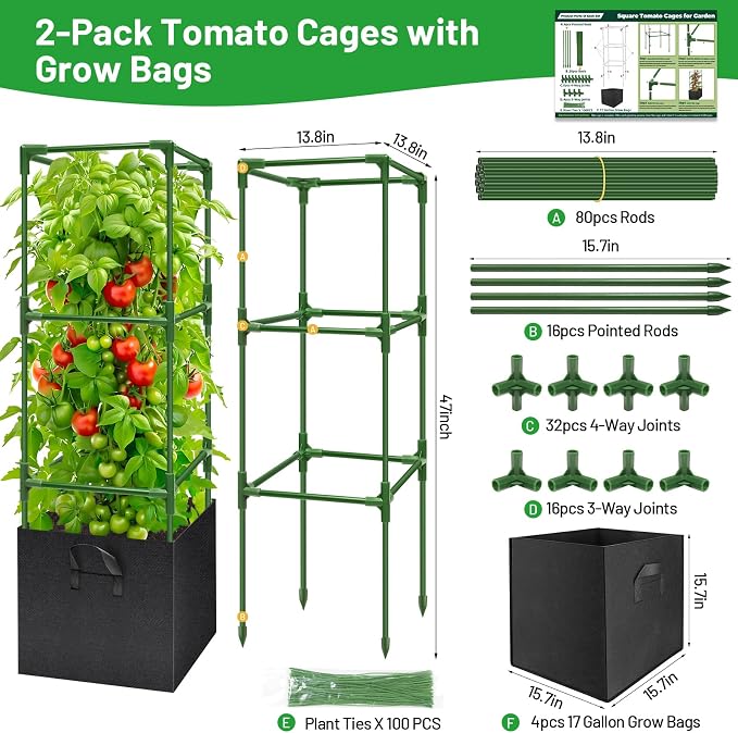 Legigo 4 Pack Tomato Cages with 17 Gallon Grow Bags- 47 Inch Square Tomato Cages for Garden, Heavy-Duty Tomato Stakes Plant Support Cages Trellis for Garden Vertical Climbing Plants Vegetables