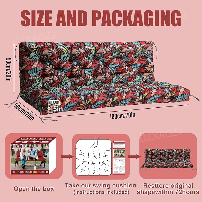 Premium Outdoor Swing Cushions 70x40 inch Waterproof Porch Swing Cushions 2-3 Seater Replacement with Backrest and Ties Swing Cushion for Outdoor Furniture Patio Porch Backyard Garden