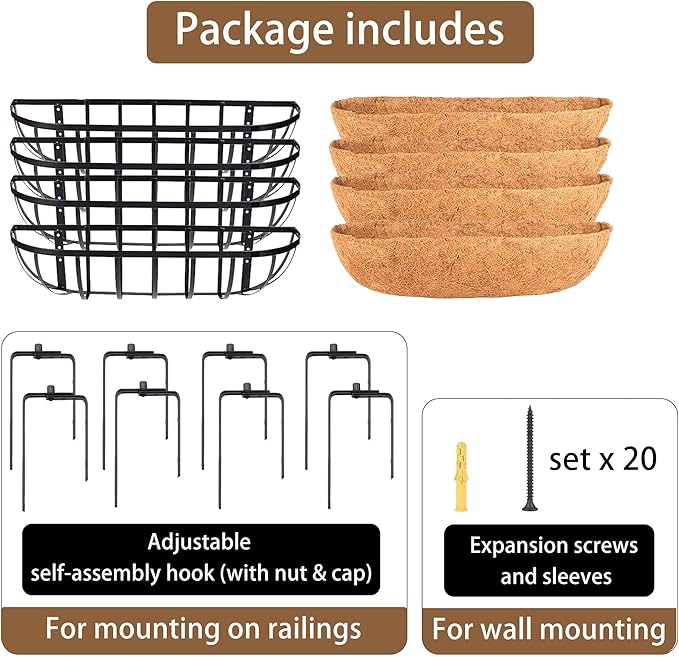 30 Inch Window Baskets with Coconut Liner Outdoor Wall Planter for Plants Long Window Flower Box for Porch Fence Patio Outdoor（4 Pack）