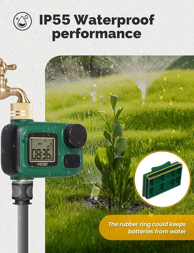 MOES Sprinkler Timer, Brass Inlet & Outlet, Programmable Automatic Irrigation Controller, Rain Delay, Manual Watering, 1 Zone Water Hose Timers for Gardens, Lawns, Hose Systems