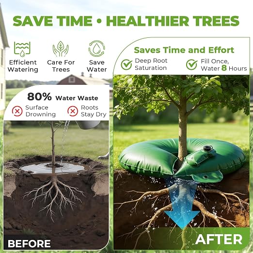 HIRALIY 15 Gallon Tree Watering Bag, 4 Pack Watering Ring, Slow Release 1-7 Days, Deep Root & Automatic Drip Irrigation System, for Multi-Trunk Newly Planted Small Trees and Shrubs