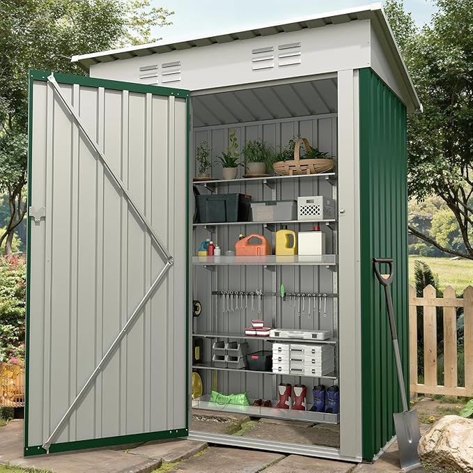 5X3 ft Outdoor Storage Shed with Sloping Roof and Lockable Door - Metal Tool Shed, Single Door Shed, Small Size Tool Shed, Iron Tool Shed, Compact Tool Storage