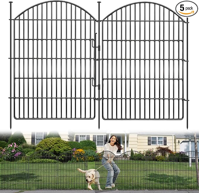 5 Panels Garden Fence Animal Barrier with Lock, 40in (H) x 12ft (L) Dog Fences Outdoor for Yard No Dig Rustproof Decorative Tall Metal Panel Border Rabbits Temporary Ground Stakes Fencing