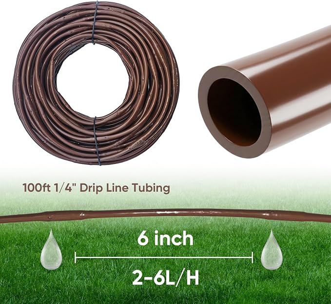 1/4" Drip Irrigation Tubing 100ft with 6" Emitter Spacing for Garden System | Pre-Installed Emitters at Close Intervals Save Setup Time, Even Distribution for Flower Beds, Works with Most Drip Systems