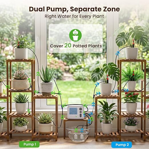 BAOSHISHAN Dual Pump Indoor Plant Watering System for 20 Potted Plants | Dual Zoned Custom Watering, Upgraded 2-in-1 Spray & Drip Emitter, Programmable Leak-Proof Indoor Plant Waterer for Vacation