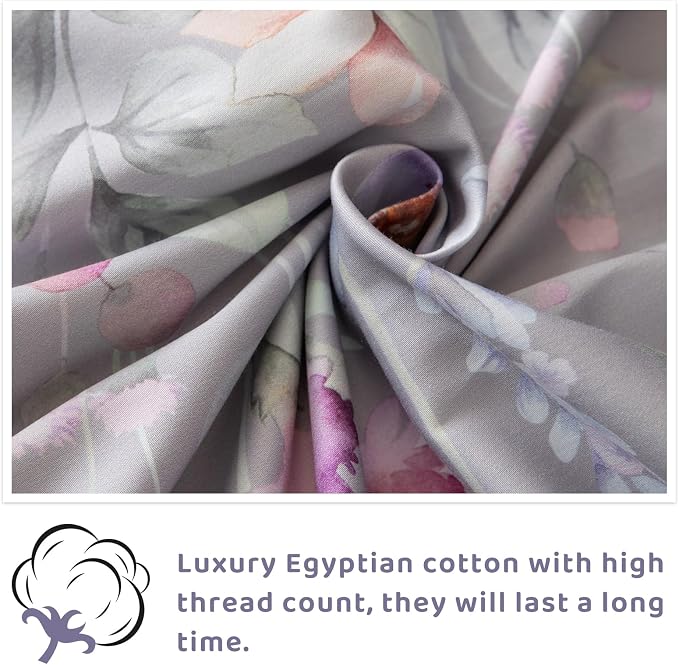 QSH Gray Floral Egyptian Cotton Sheets King Size,Luxury Silk Feel Botanical Flowers Pattern Printed Bed Sheets Sets King Size Aesthetic Soft and Breathable 17.5" Deep Pockets Bedding Sheets 4pcs