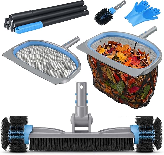 UIRWAY 6-in-1 Deluxe Swimming Pool Cleaning Kit - Includes Detachable Pool Brush, Deep Leaf Skimmer & Fine Mesh Net, Small Brush, Gloves, Adjustable Aluminum Pole Inground & Above Ground Cleaning