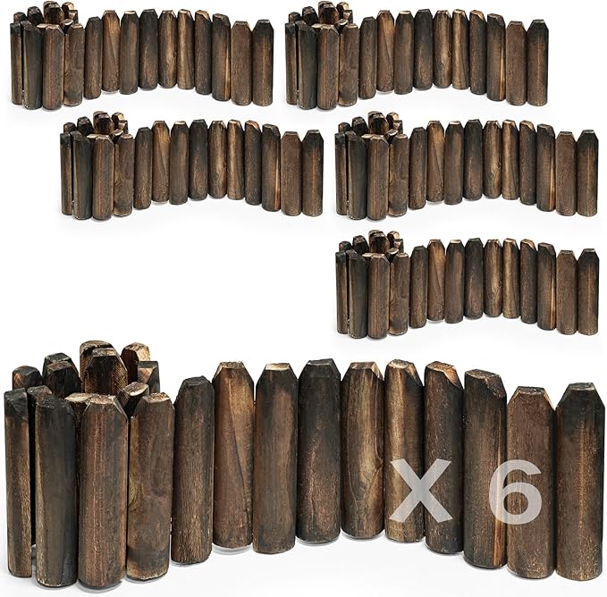 Wood Garden Edging, Wooden Fence Border Decorative Small Picket Panels for Flower Bed Barriers and Landscape Fencing (5.9" H x 47" L, 6 Pack)