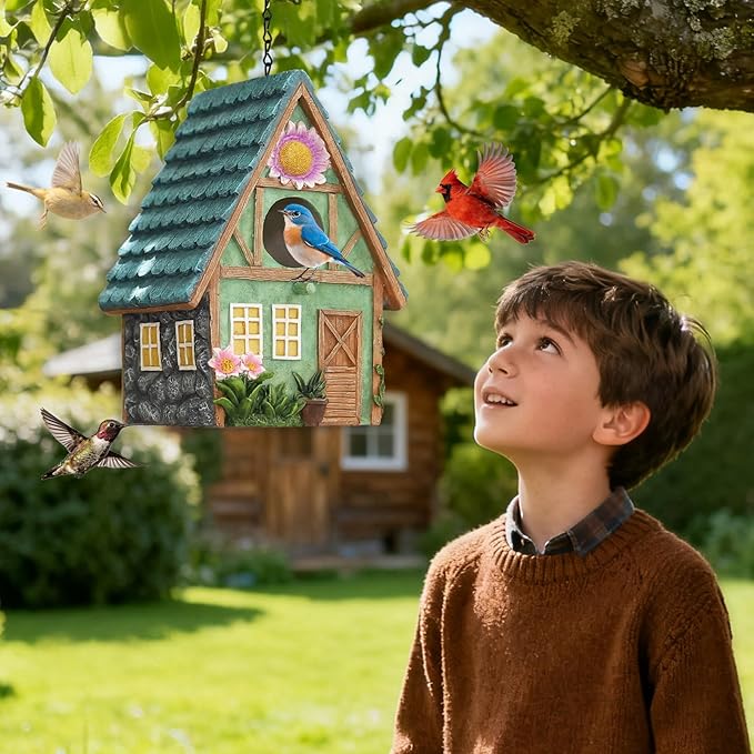 Bird Houses for Outside Cottage-Style Hanging Birdhouse with Flower Accents – Hand-Painted Resin Decorative Birdhouses for Outdoors for Bluebird Finches Cardinals Bird Nesting Garden, Patio, Yard