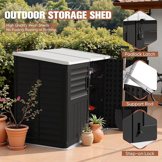TUOZE 34 Cu Ft Resin Storage Shed, Waterproof Outdoor Storage Cabinet with Sloping Roof & Lockable Lid for Garden Tools, Trash Cans (Black)