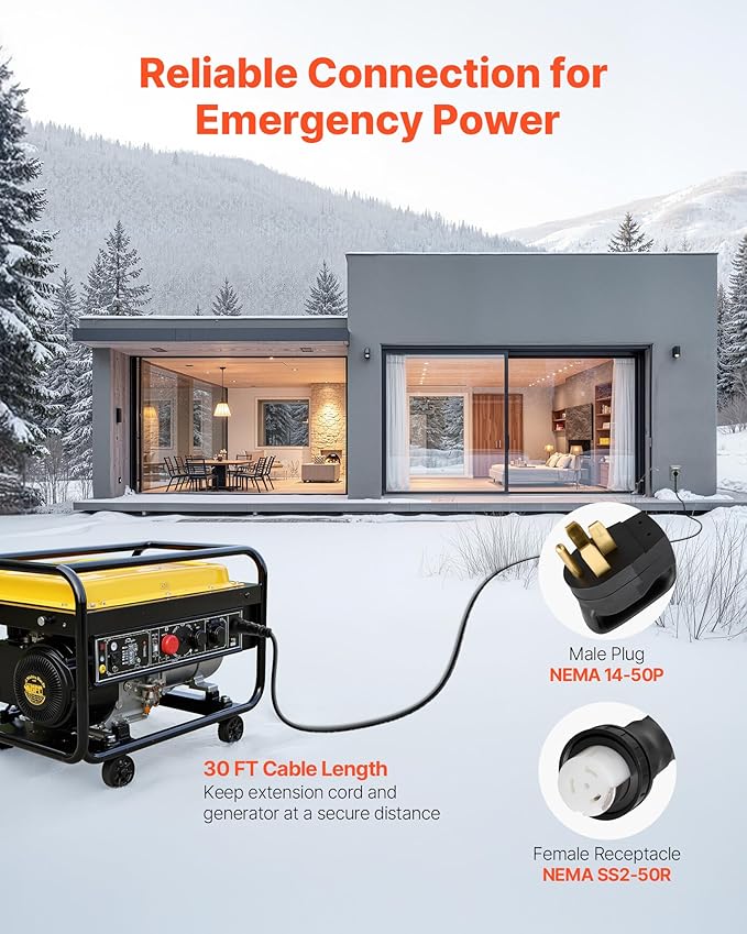 VEVOR 50 Amp Generator Cord and Power Inlet Box, 30FT, 125V/250V STW 6/3 + 8/1 AWG Extension Power Cord, NEMA 14-50P to SS2-50R, Twist Lock Connector, Inlet Box Kit, for Generator to House, ETL Listed