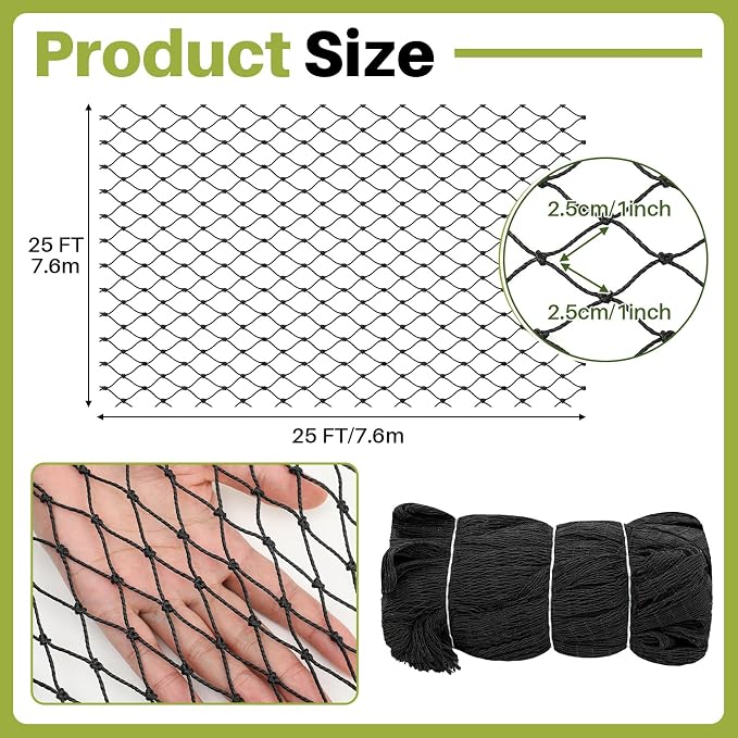 25 x 25 ft Aviary Bird Netting Chicken Netting Commercial Grade Heavy Duty Knotted 1 inch Mesh for Chicken Coops Poultry Blueberries Fruit Trees Net Aviary Garden