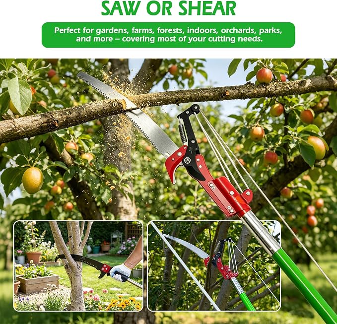 Grefinity Manual Pole Saw, 27 Ft Tree Trimmer, Extendable Pole Saws for Tree Trimming, Sharp Steel Blade and Scissors, for Backyard and Garden Pruning Palms & Shrubs, Green