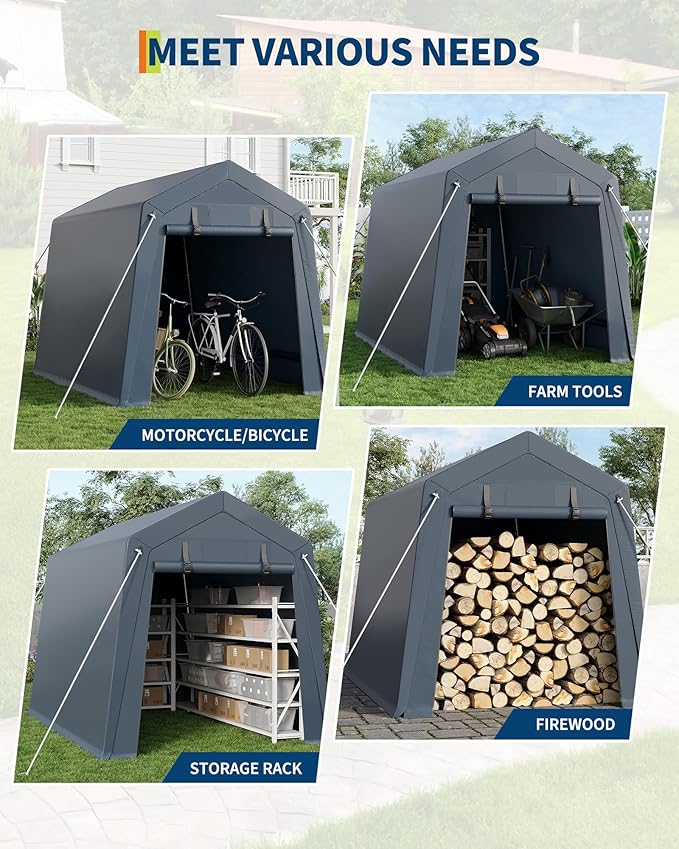 7x10 FT Portable Outdoor Storage Shed with Roll-Up Zipper Door & Vent, 240G Heavy-Duty Shelter Waterproof PE Tarp, UV-Resistant Carport for Motorcycle, Firewood, Tools -Gray