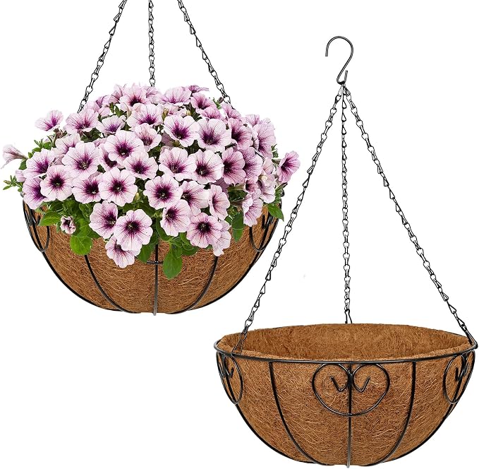 14 inch Metal Hanging Baskets for Plants Outdoor, 2 Pack Metal Wire Hanging Basket Planter with Coco Liner Flower Pots for Indoor Outdoor Garden Porch Patio, Heart-Shaped