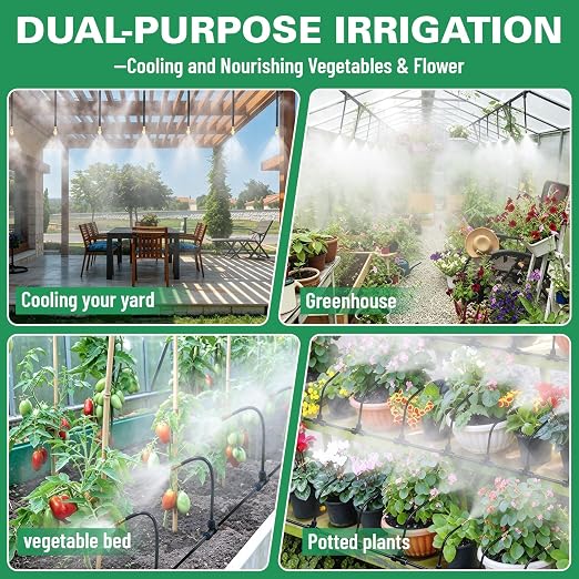 Riboud 110Ft Drip Irrigation System, 2026-Upgrade Garden Watering Kit with 16 Adjustable Copper Rotating Arm Nozzles, 360° Flexible Spray Irrigation Kit for Raised Beds, Lawn, Greenhouse