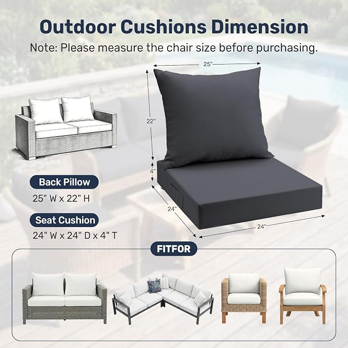 UNIKOME Outdoor Seat Cushions 24 X 24 Inch - Water-Resistant & Fade Resistant, Removable Cover Patio Furniture Cushions for Chair, Sofa, Couch, Wicker, Dark Grey