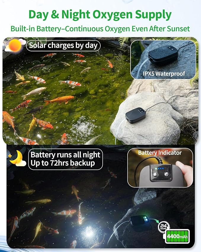 POPOSOAP 8W Solar Pond Aerator, Solar Air Pump for Pond with Solar & Battery Dual Power, 24H Continuous Aeration, 3 Working Modes for Small Pond, Fish Pond, Fish Tank P9275