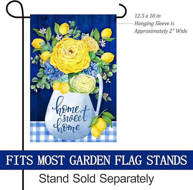 Texupday Home Sweet Home Blue and Yellow Flower Lemon Decoration Spring Summer Floral Garden Flag Buffalo Check Plaid Seasonal Holiday Outdoor Yard Banner 12" x 18"