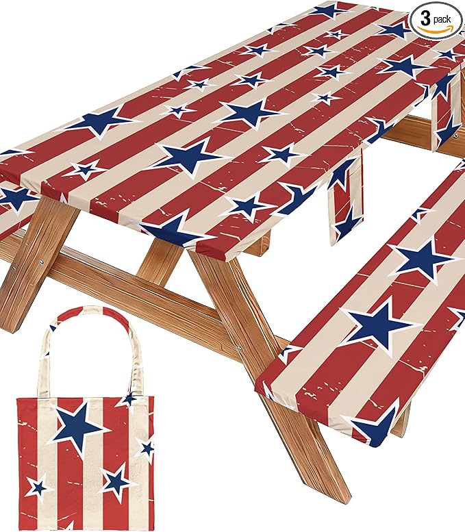 Picnic Table Cover with Bench Covers Waterproof Vinyl Elastic Rectangle Fitted Table Cloth Camping Lovers Essentials Rv Car Travel Overlanding Outdoor Roadtrip Road Trip Women Men Camper Gifts 8 Foot